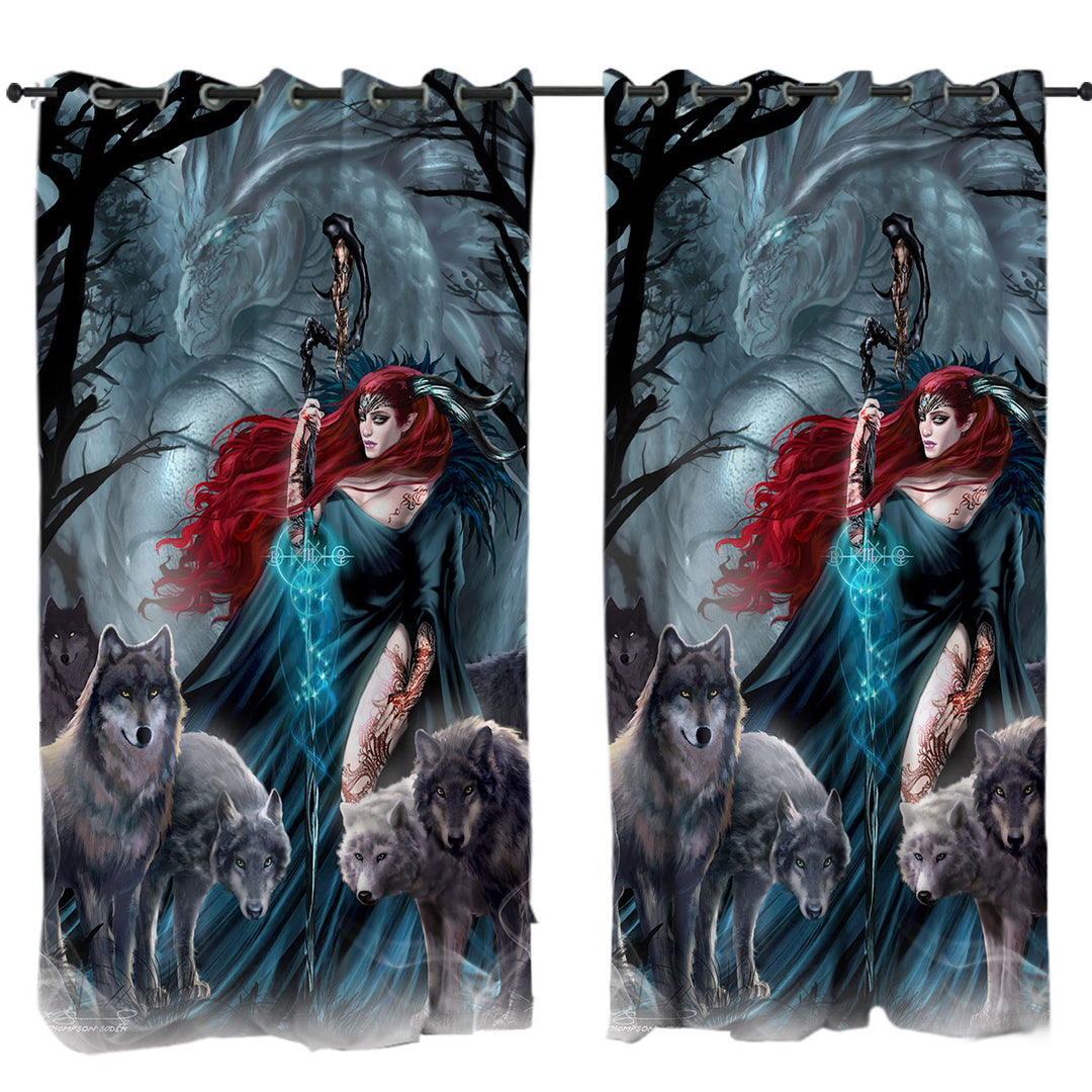 Dark Forest Redhead Witch Dragon and Wolves Drapes and Curtains