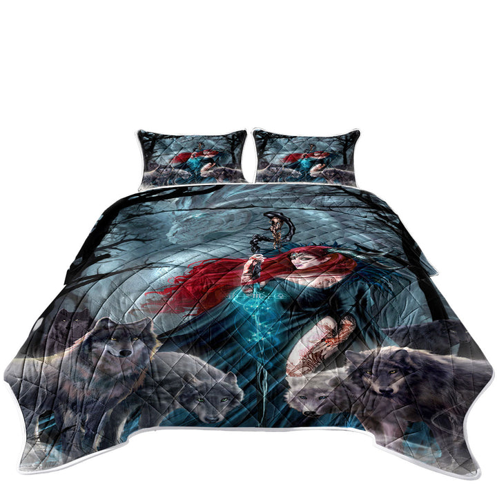 Dark Forest Redhead Witch Dragon and Wolves Quilts for sale