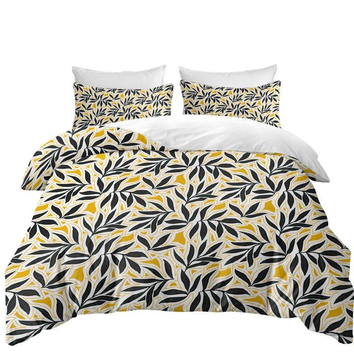 Dark Green Leaves over Yellow Duvet Covers