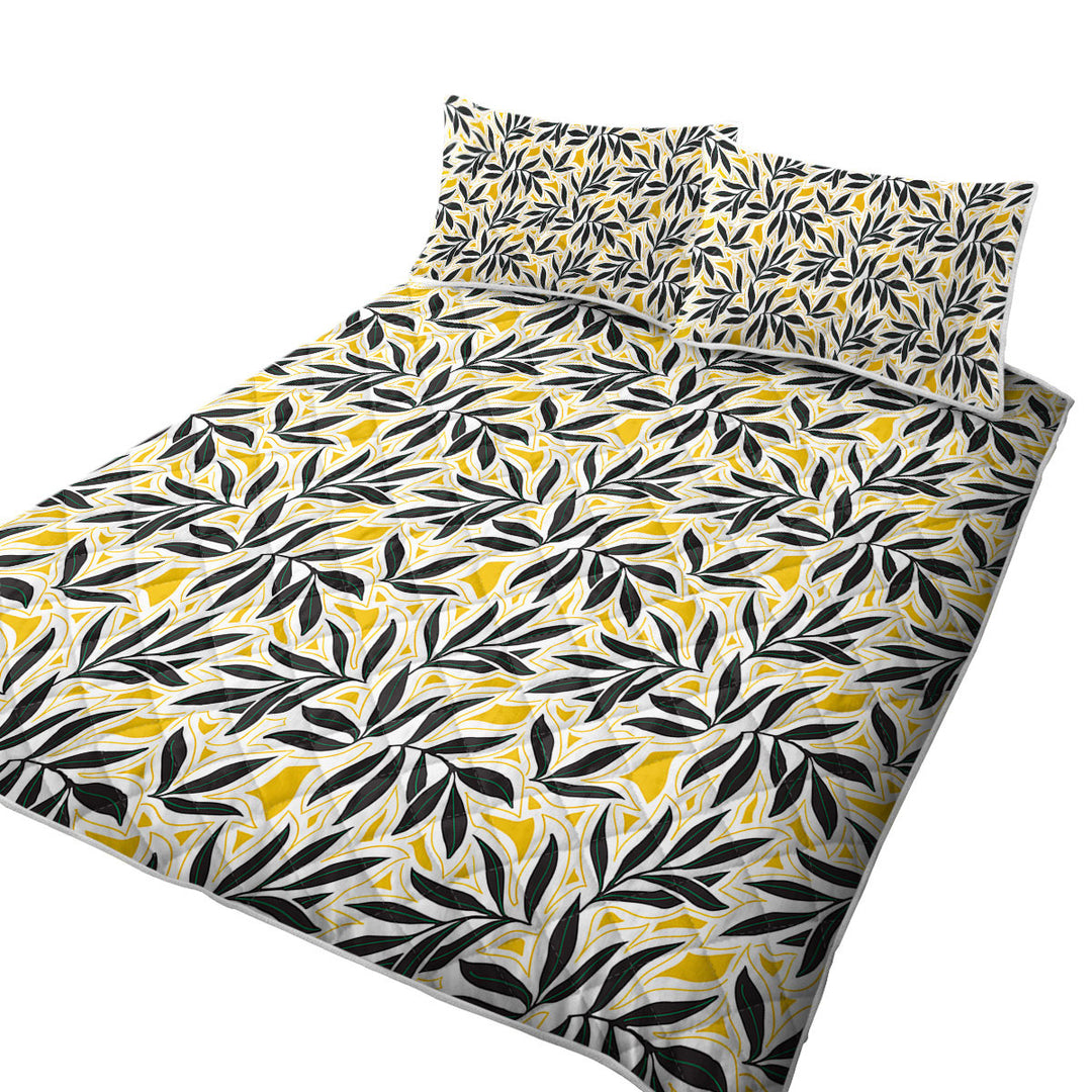Dark Green Leaves over Yellow Quilt