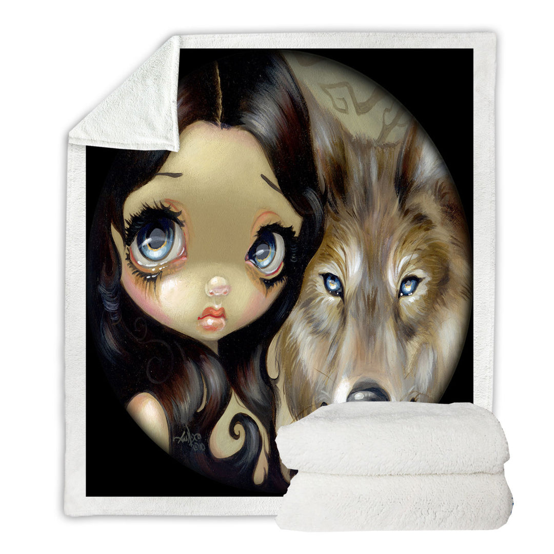 Dark Haired Beautiful Girl and Silver Eyed Wolf Fleece Blankets
