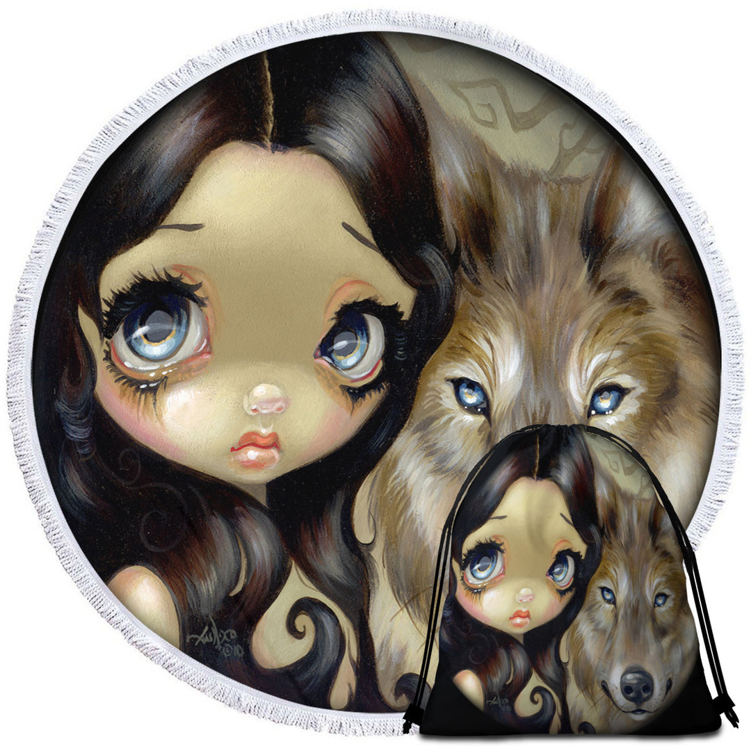 Dark Haired Beautiful Girl and Silver Eyed Wolf Round Beach Towel
