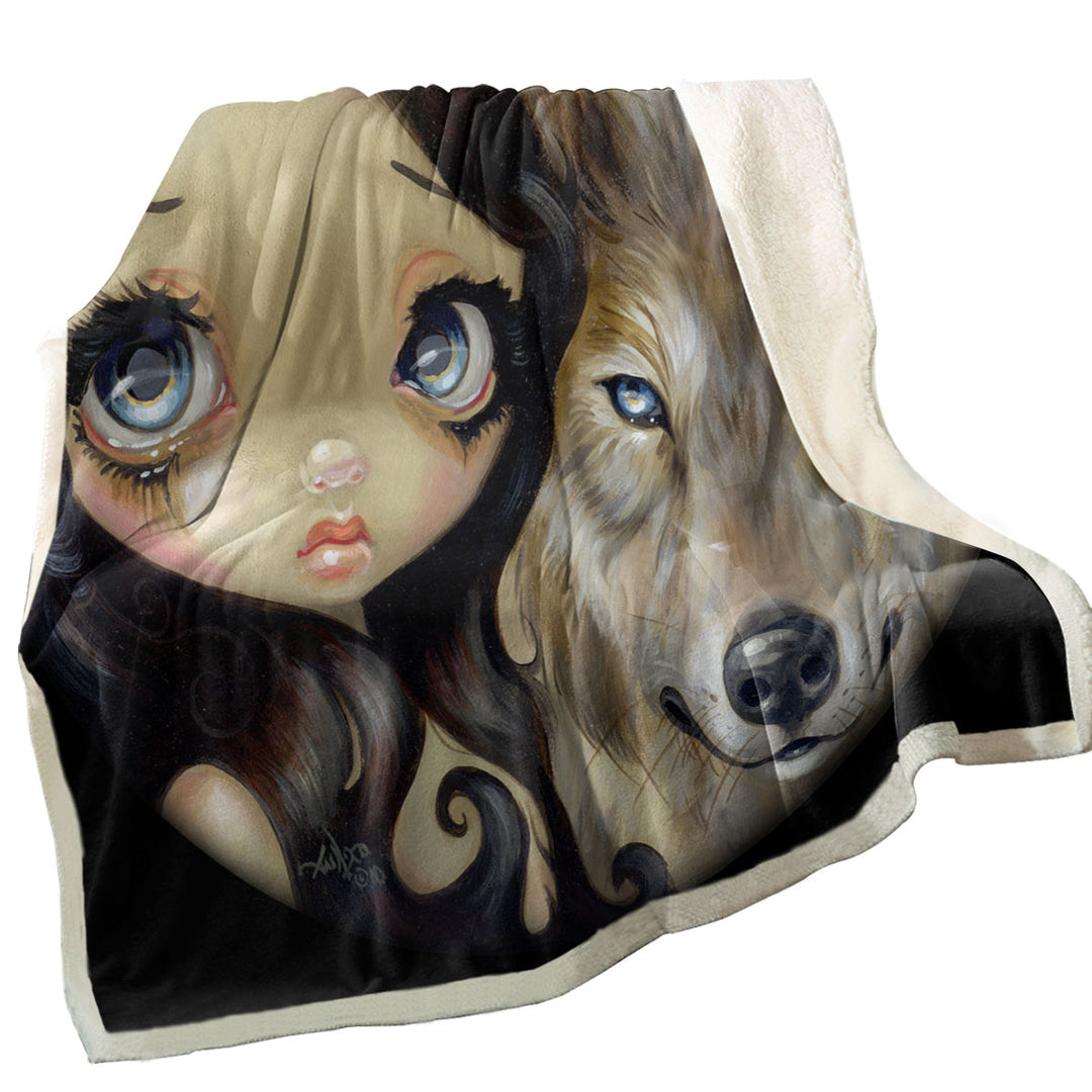 Dark Haired Beautiful Girl and Silver Eyed Wolf Sherpa Blanket