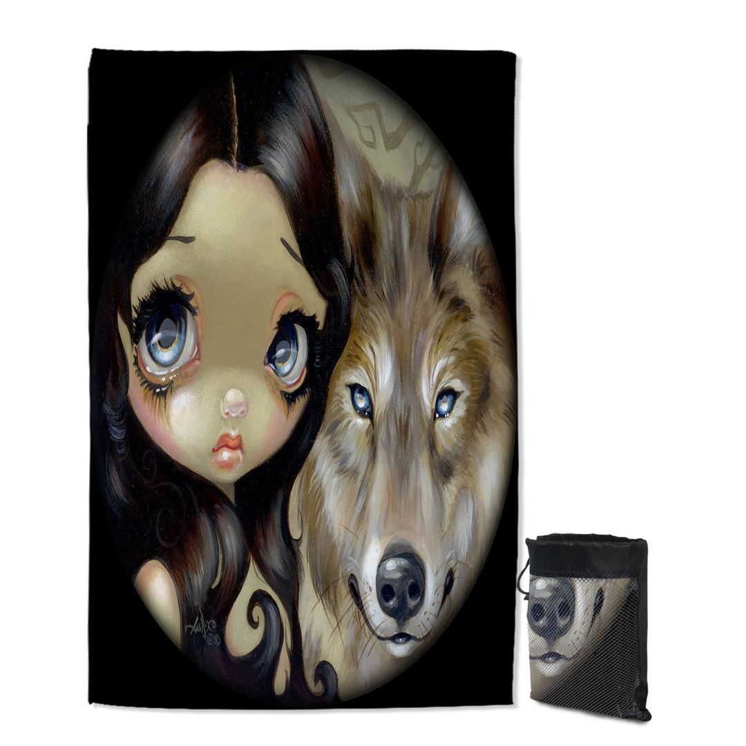 Dark Haired Beautiful Girl and Silver Eyed Wolf Swimming Towels