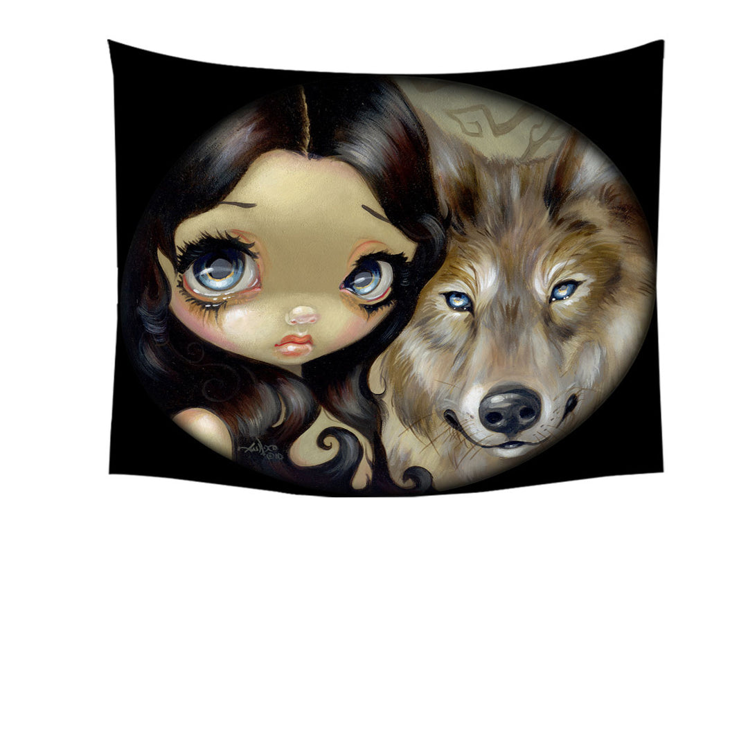 Dark Haired Beautiful Girl and Silver Eyed Wolf Wall Decor Tapestry
