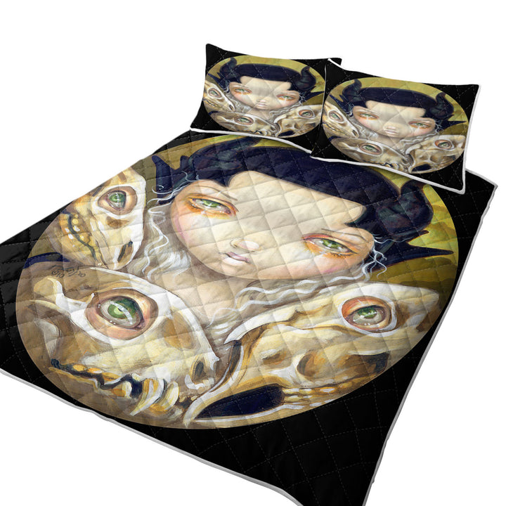 Dark Medieval Art Girl and Skulls Delicate Bones Summer Quilt