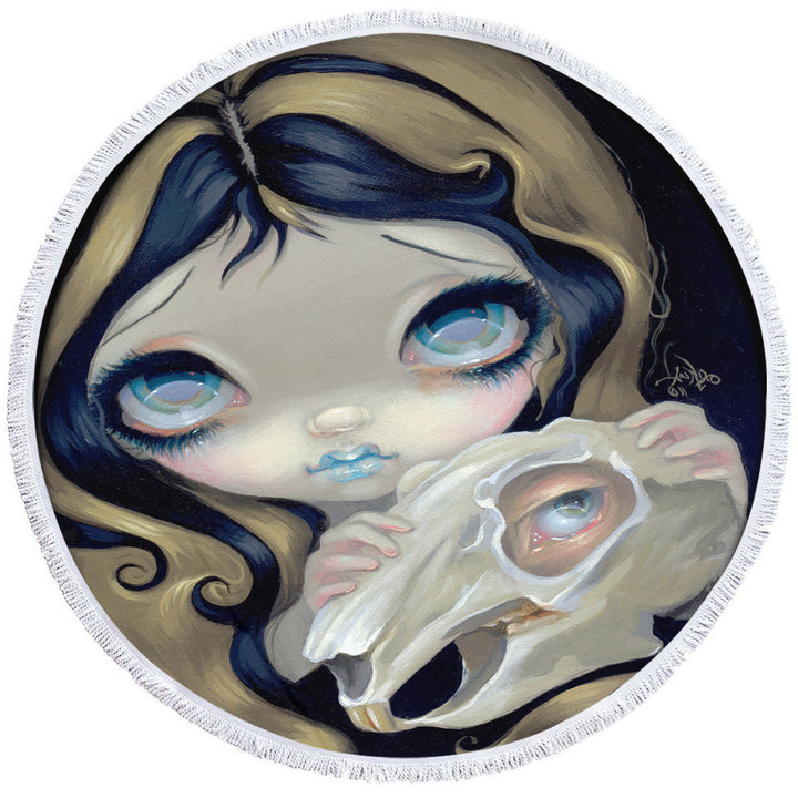 Dark Round Beach Towel Gothic Art Girl Alice White Rabbit Resurrected