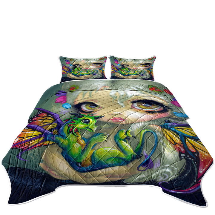 Darling Dragonling Fairy and Green Baby Dragon King Quilt