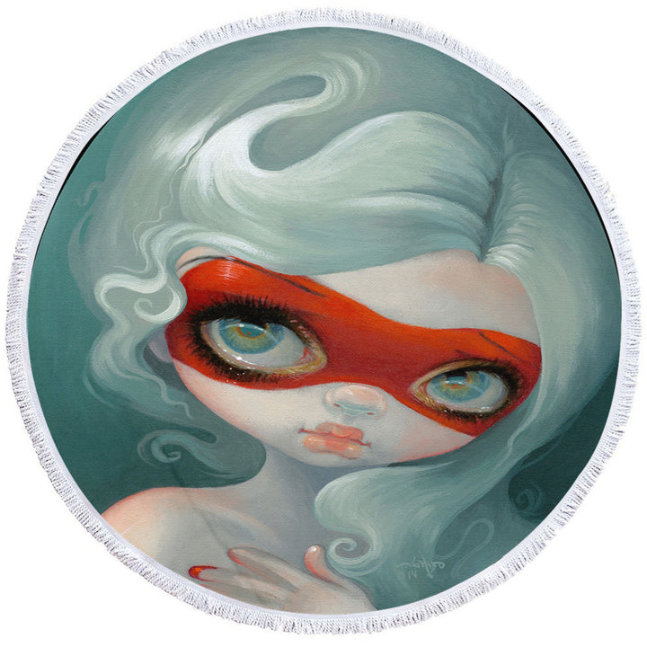 Darling Girl Wearing Red Masquerade Mask Round Beach Towel