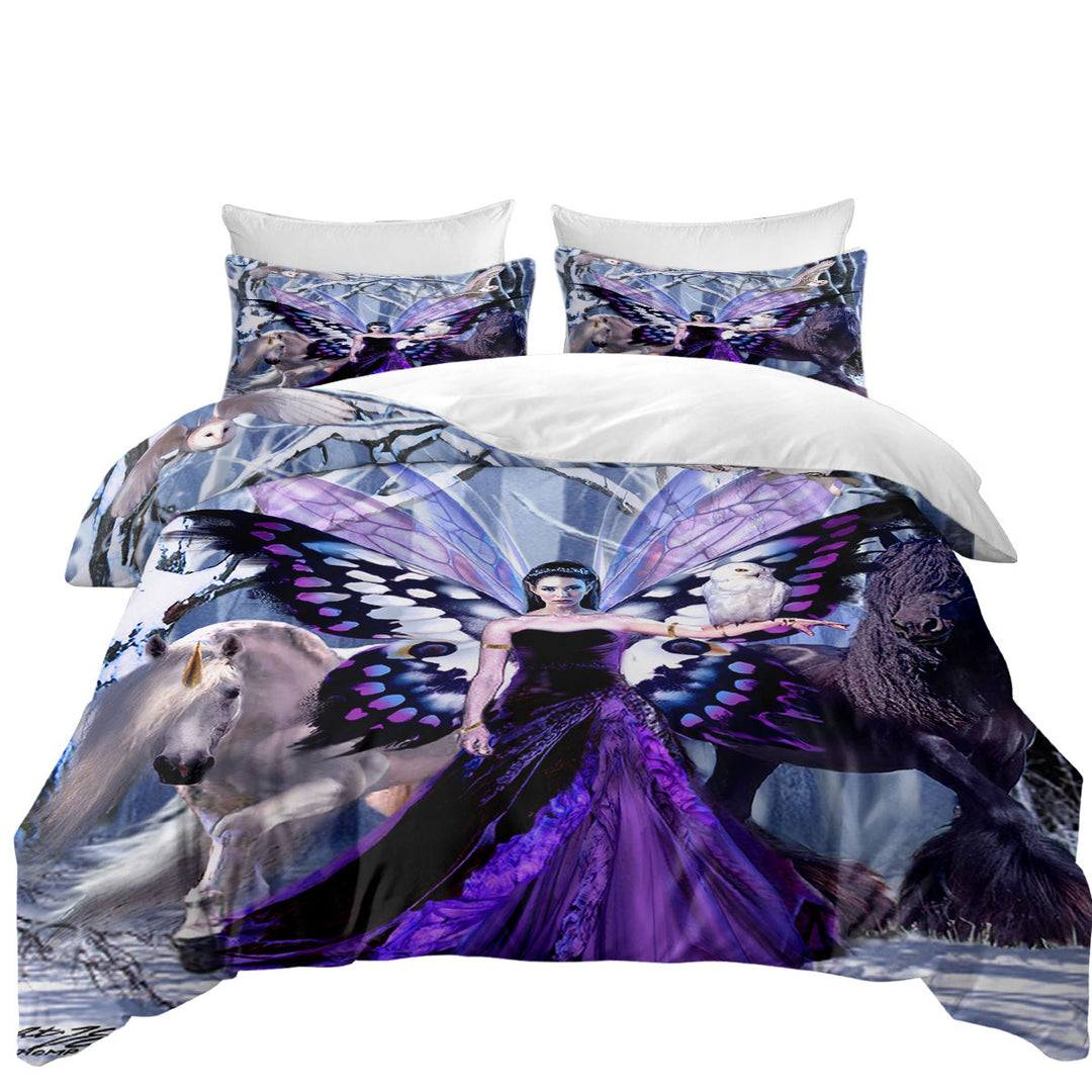 Daybed Covers Sets with Snowy Forest Owls Horses and Purple Fairy Queen