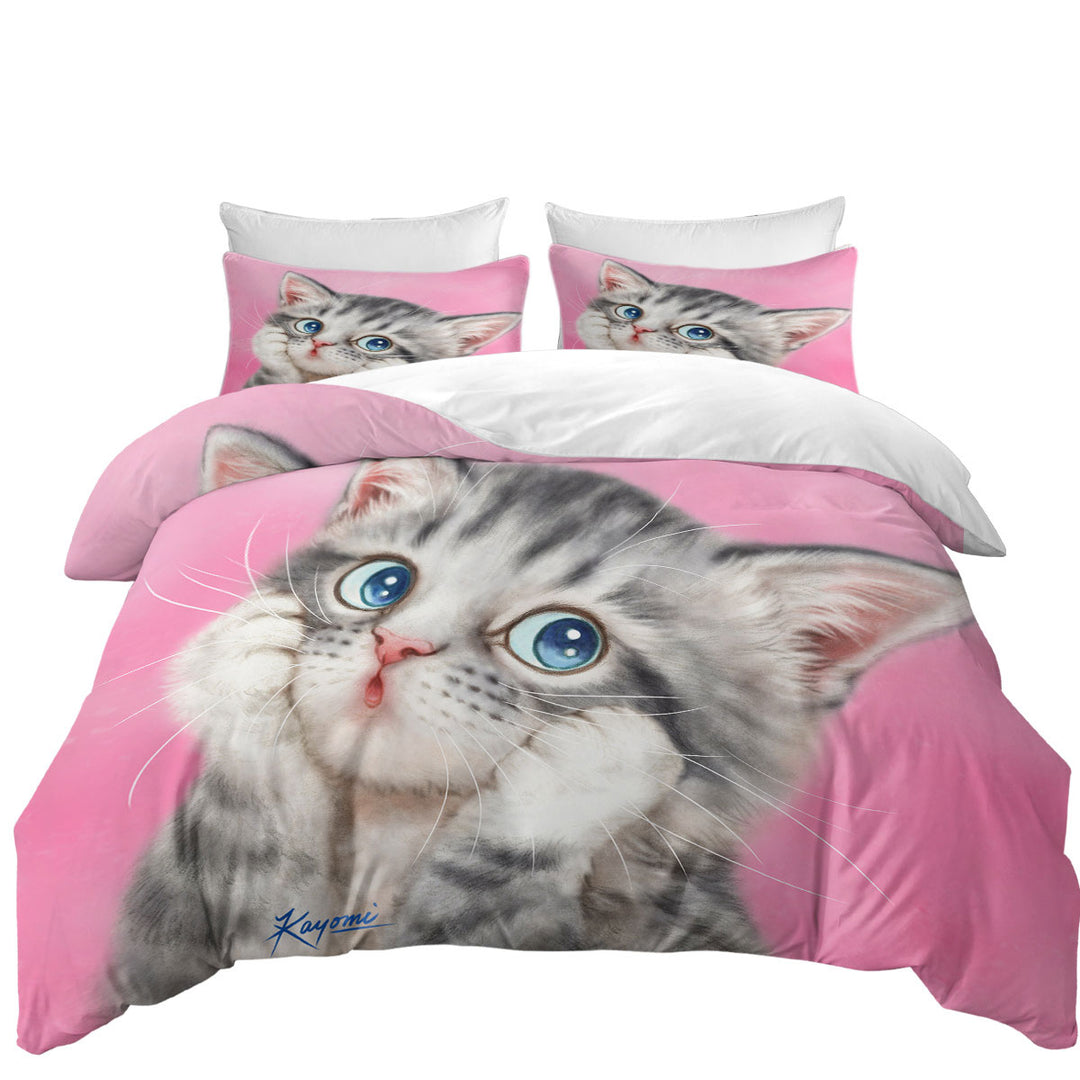 Designs for Kids Tabby Grey Kitty Cat over Pink Bed Covers
