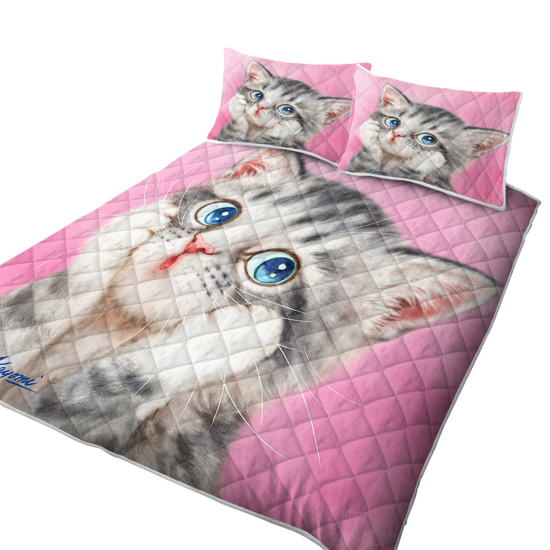 Designs for Kids Tabby Grey Kitty Cat over Pink Coverlet