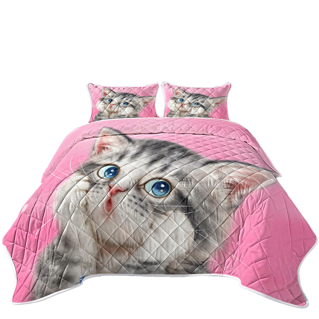 Designs for Kids Tabby Grey Kitty Cat over Pink Coverlets