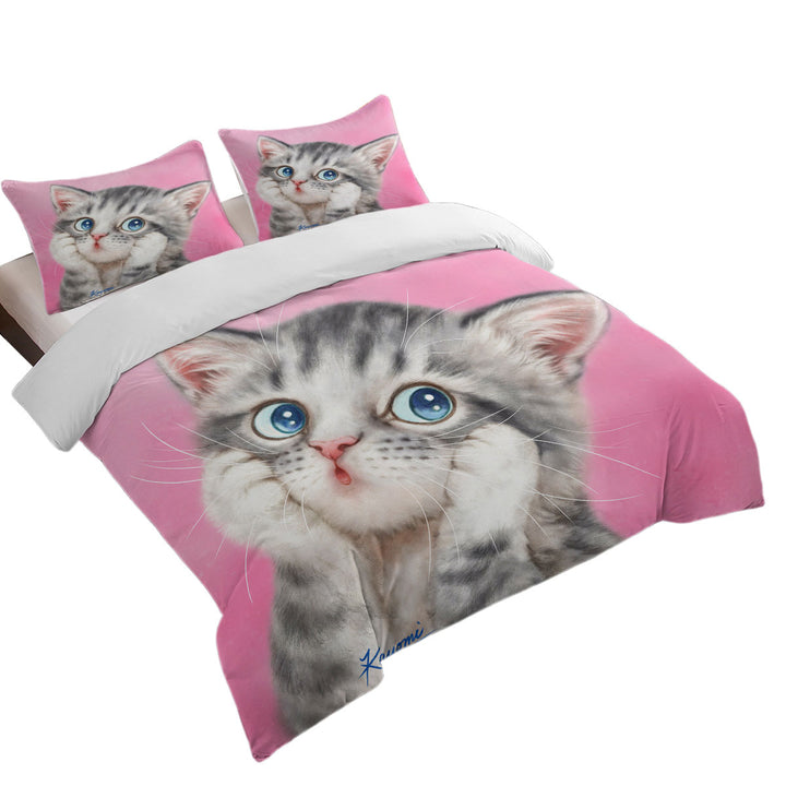 Designs for Kids Tabby Grey Kitty Cat over Pink Duvet Covers