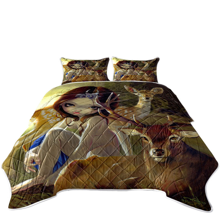 Diana in the Forest Artemis Goddess and Deer Quilts for Beds