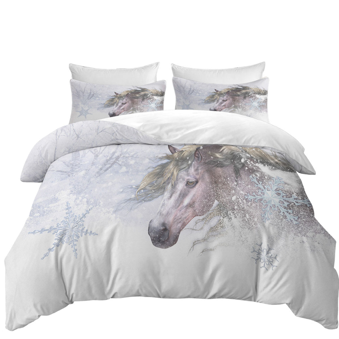 Donna Covers with Winter Snow and Bright Hair White Horse