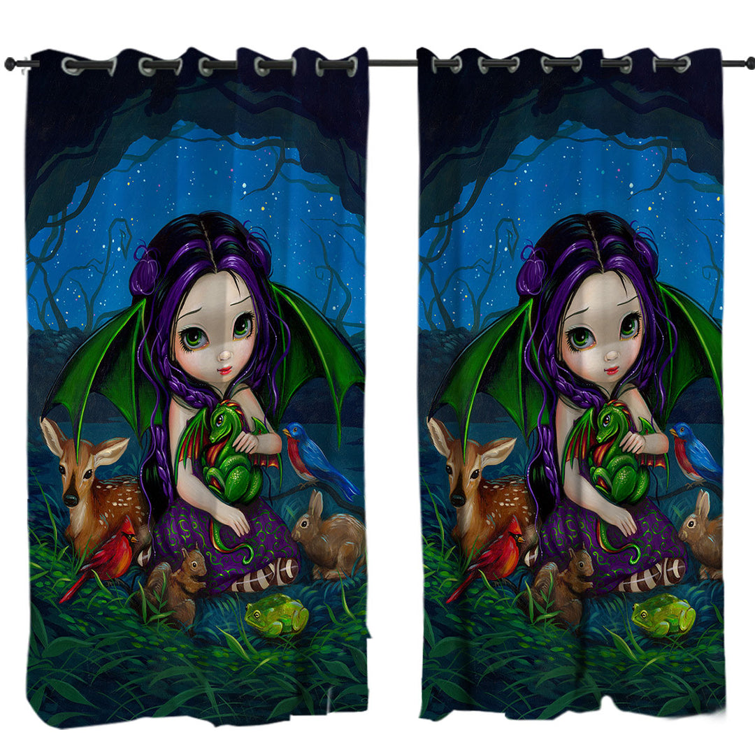 Dragonling Garden Cute Fairy with Animal Friends Curtains