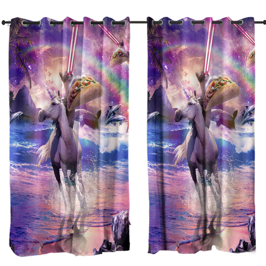 Drapery with Crazy Funny Art Laser Space Cat on Unicorn Eating Taco