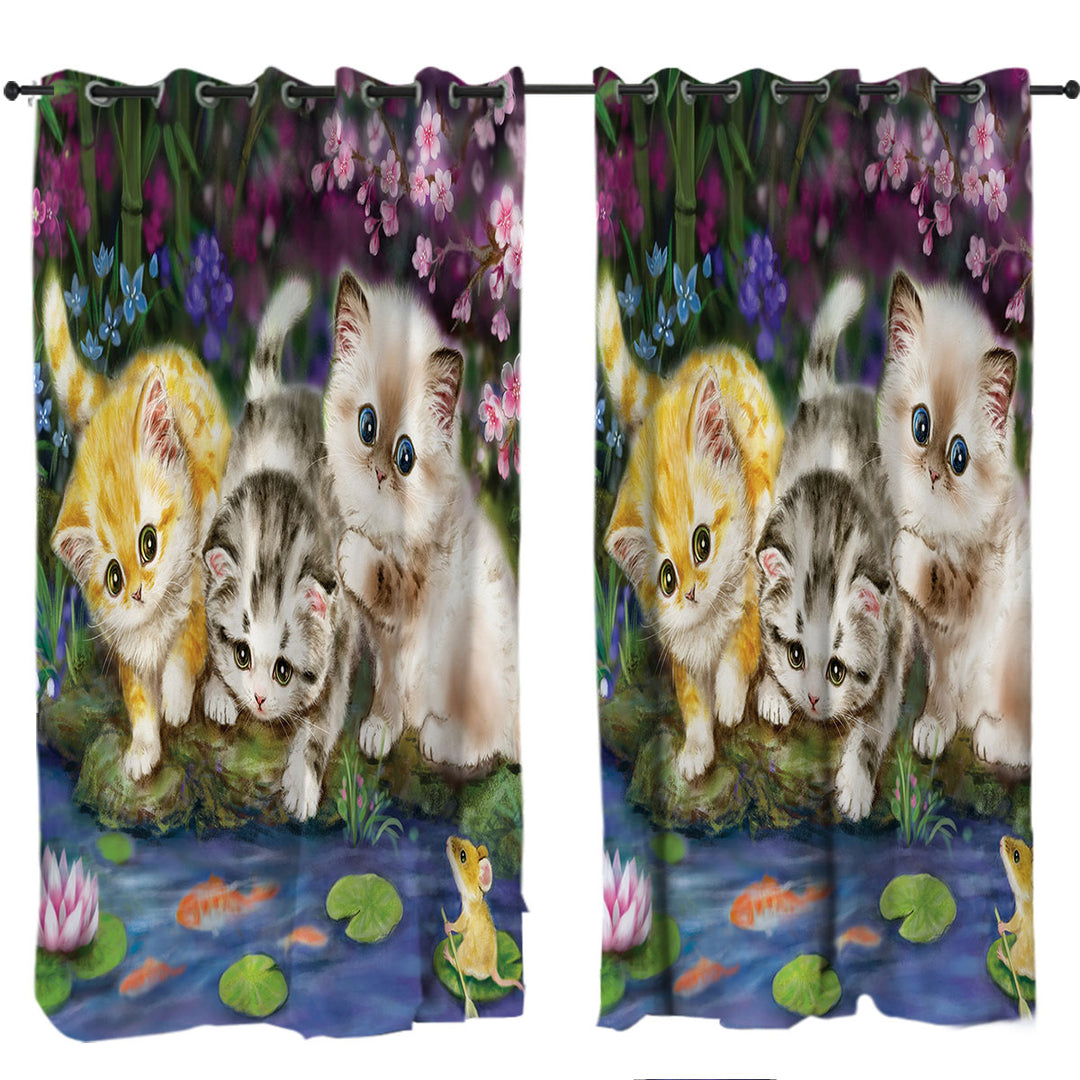 Drapery with Cute Cat Art Three Kittens in Japanese Garden