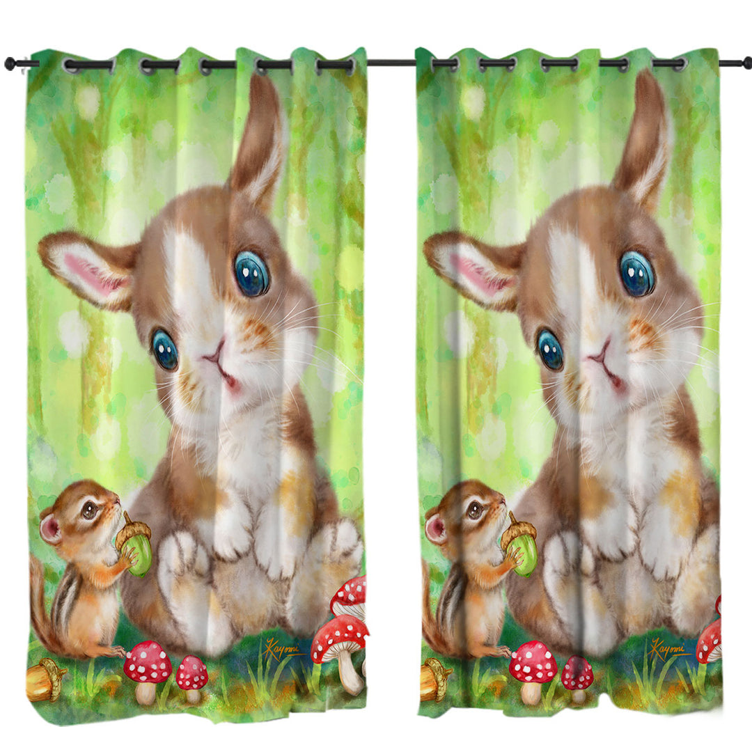 Drapery with Cute Kids Drawings Mushrooms Bunny and Chipmunk