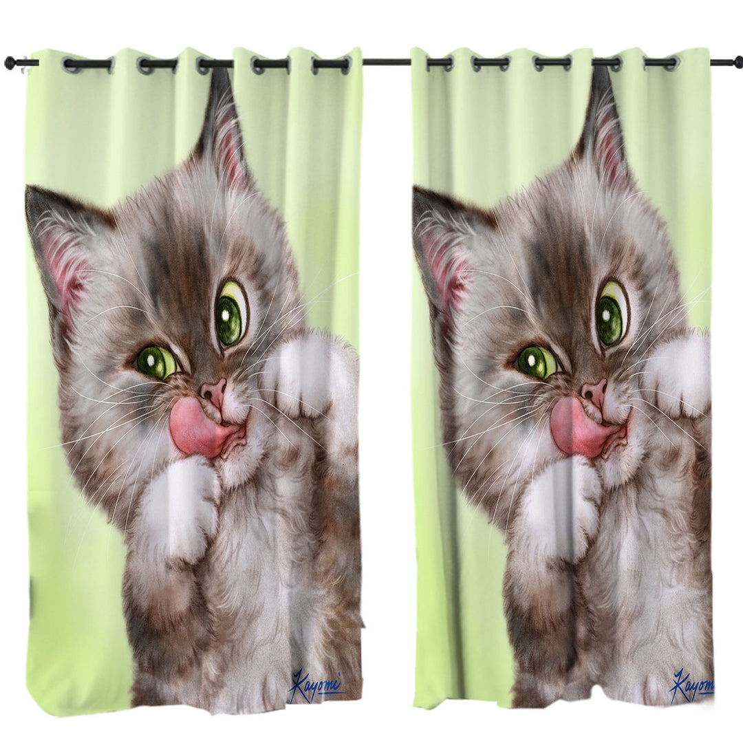 Drapery with Cute Kittens Drawings Brownish Tabby Kitty Cat
