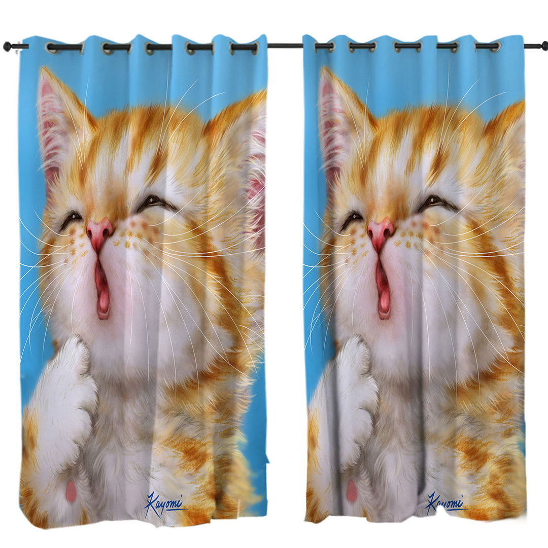 Drapery with Funny Cat Art Paintings Yawning Ginger Kitten