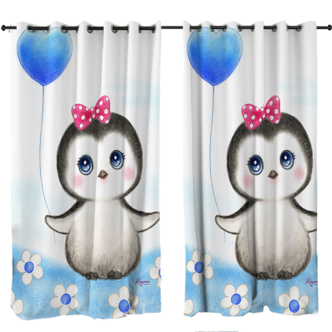 Drapery with Kids Drawing Design Penguin Heart Balloon