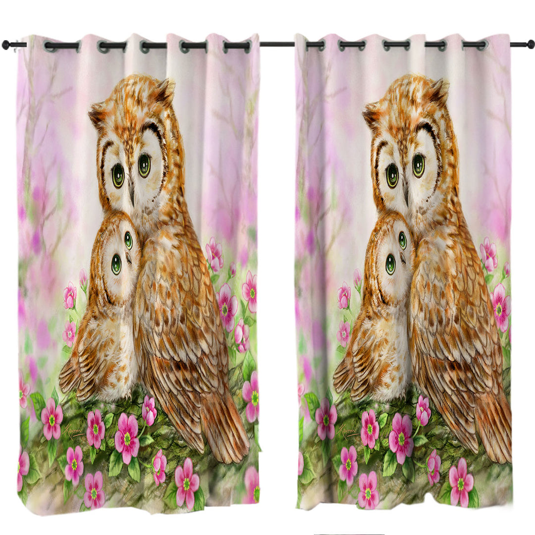 Drapery with Pink Nature and Flowers Owls Cuddle