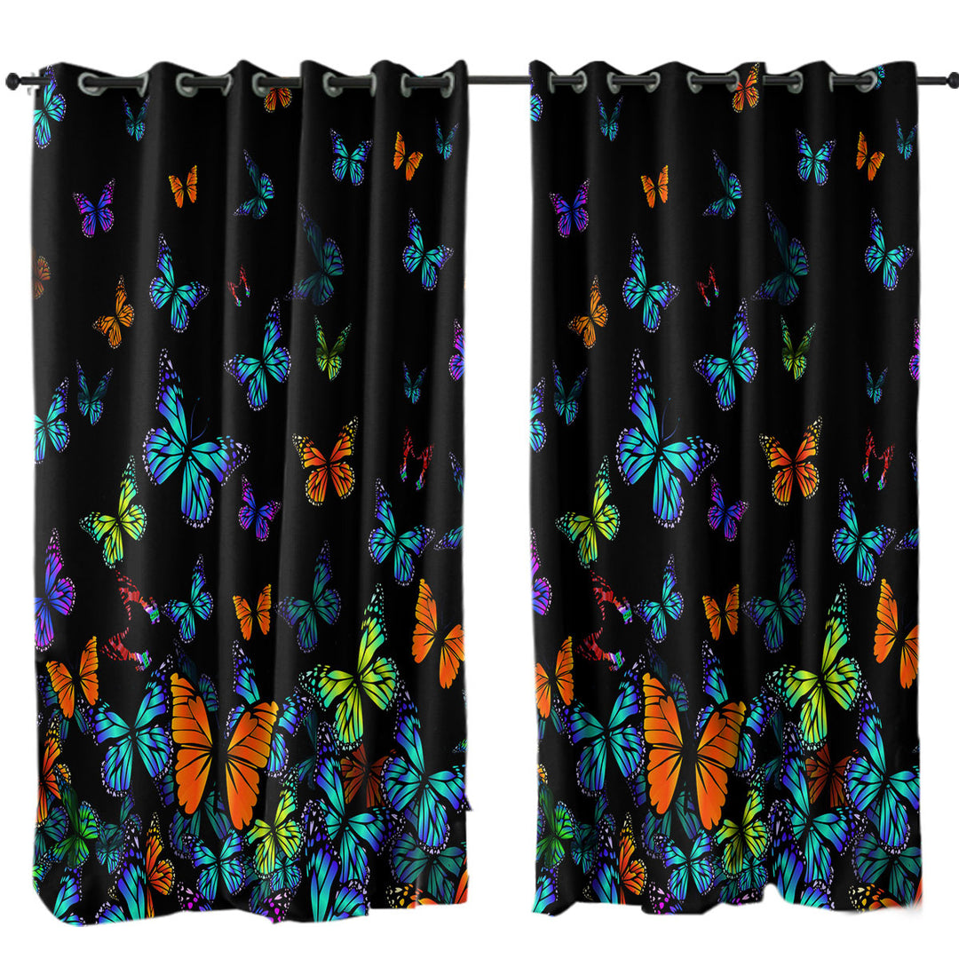 Drapes and Curtains with Black Background Colorful Butterflies