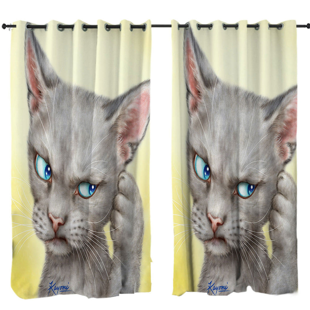 Drapes and Curtains with Blue Eyes Grey Kitty Cat Over Yellow