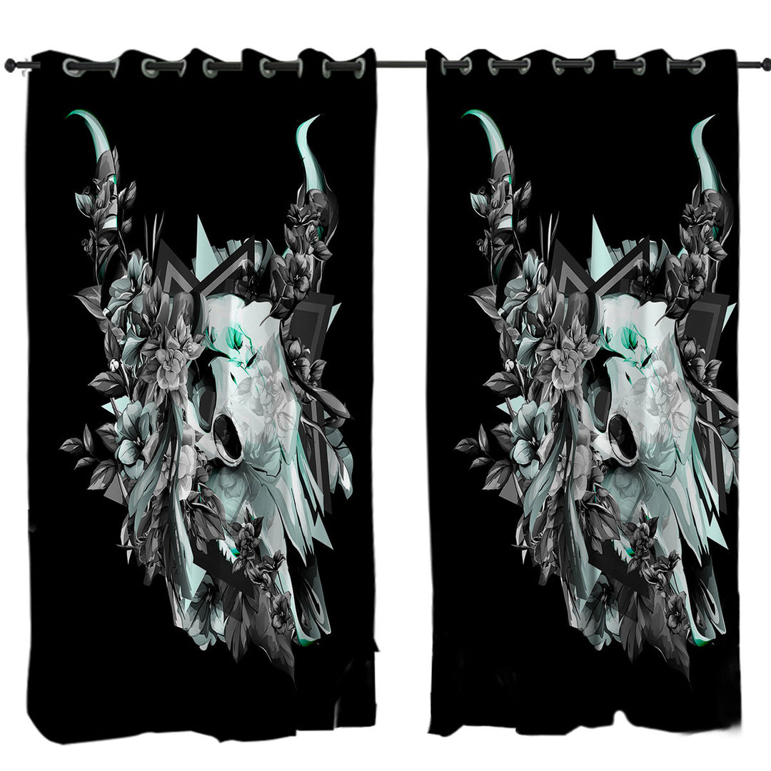Drapes and Curtains with Cool Black and White Floral Turquoise Bull Skull