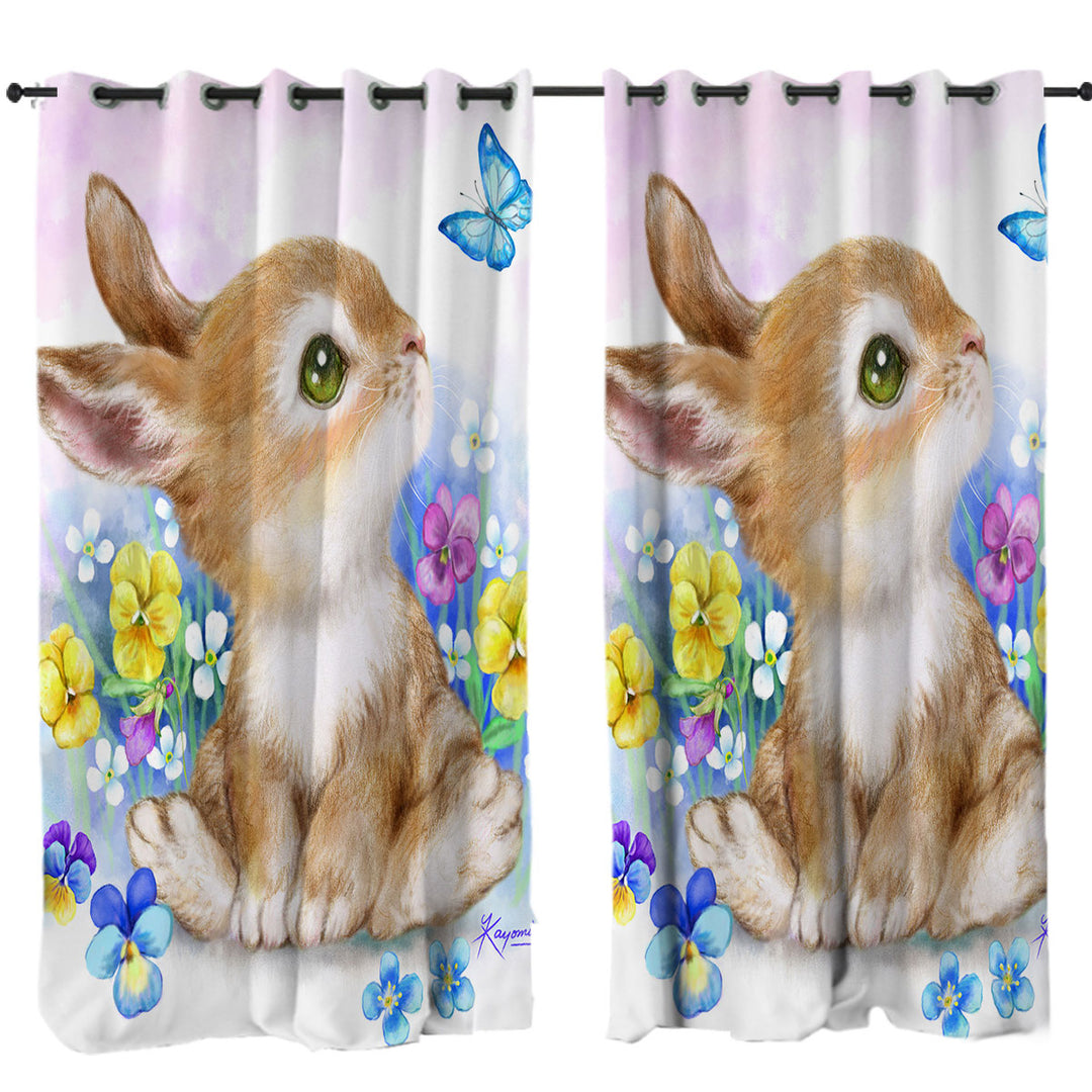 Drapes and Curtains with Cute Children Art Designs Flowers Bunny and Butterfly