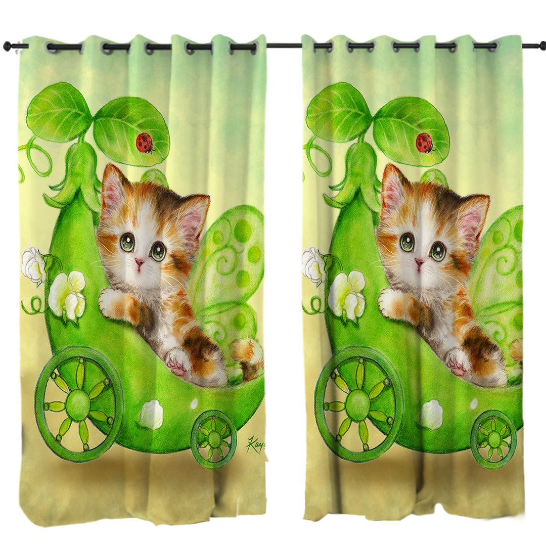 Drapes and Curtains with Fun Cats Cute Green Peapod Fairy Kitten
