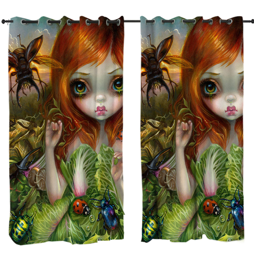 Drapes and Curtains with Insectarium Beautiful Red Haired Girl and Beetles