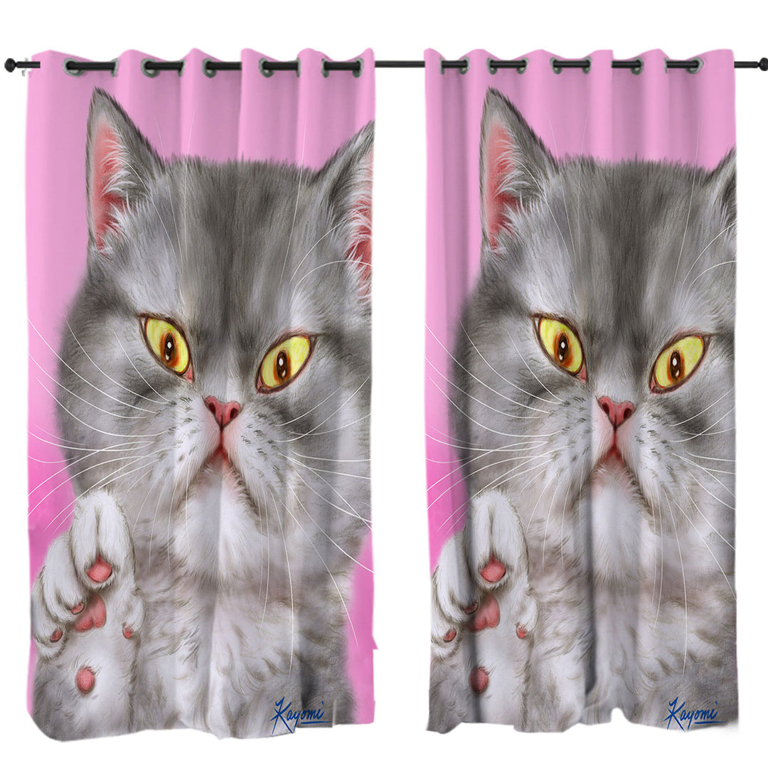 Drapes and Curtains with Kittens Art Angry Grey Kitty Cat over Pink