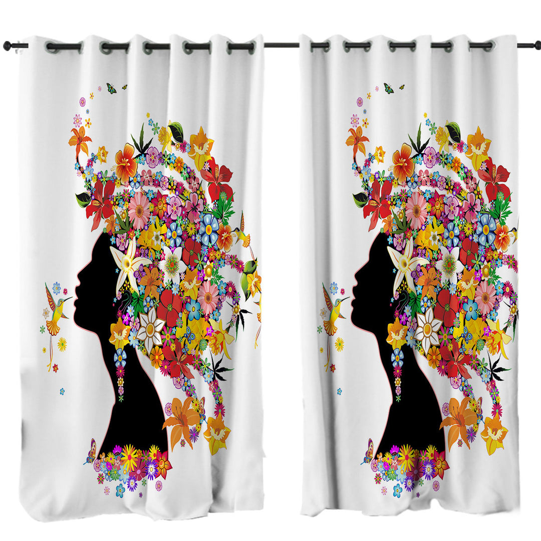 Drapes for Living Room with Colorful Tropical Flower Girl and Hummingbirds
