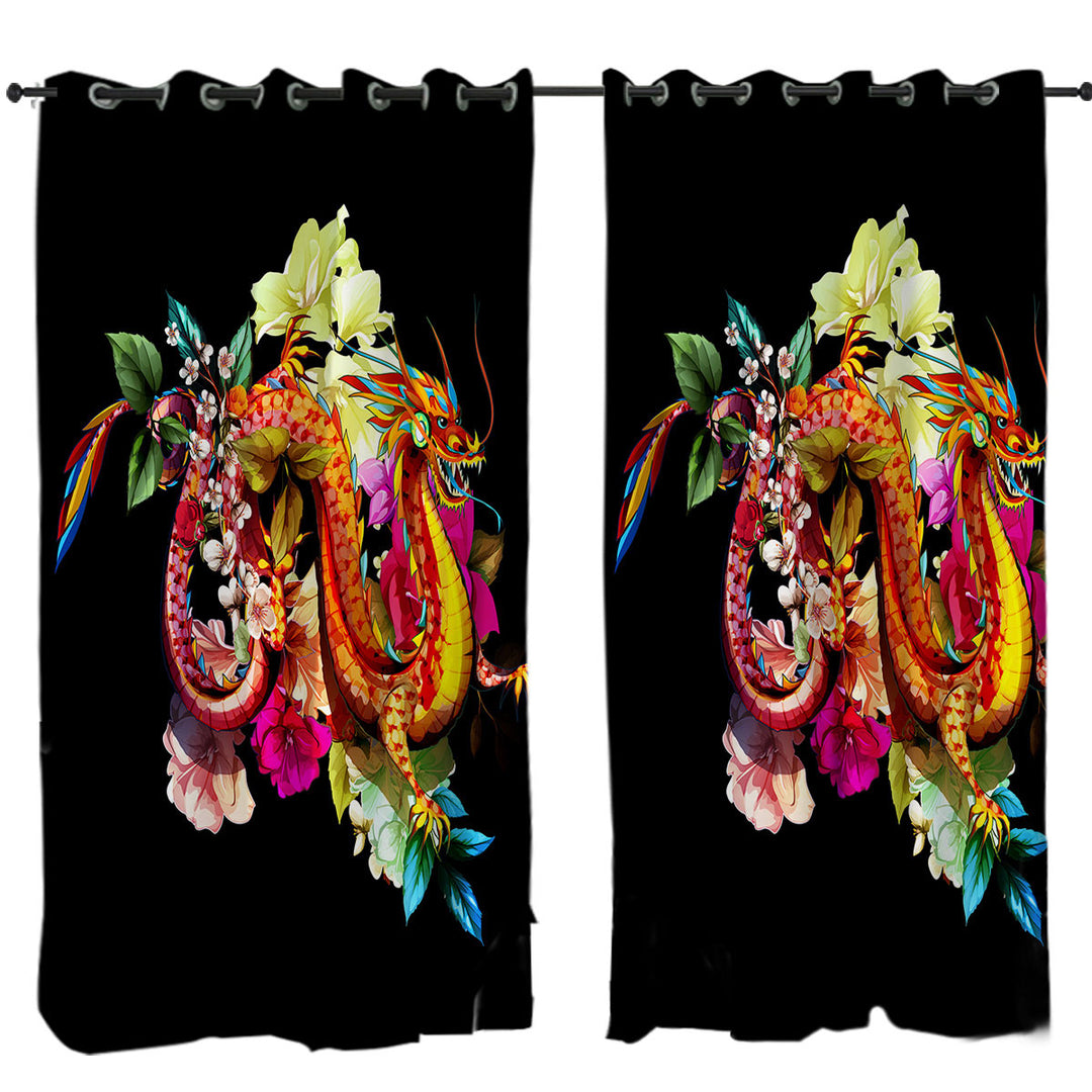 Drapes for Living Room with Cool Floral Red Dragon