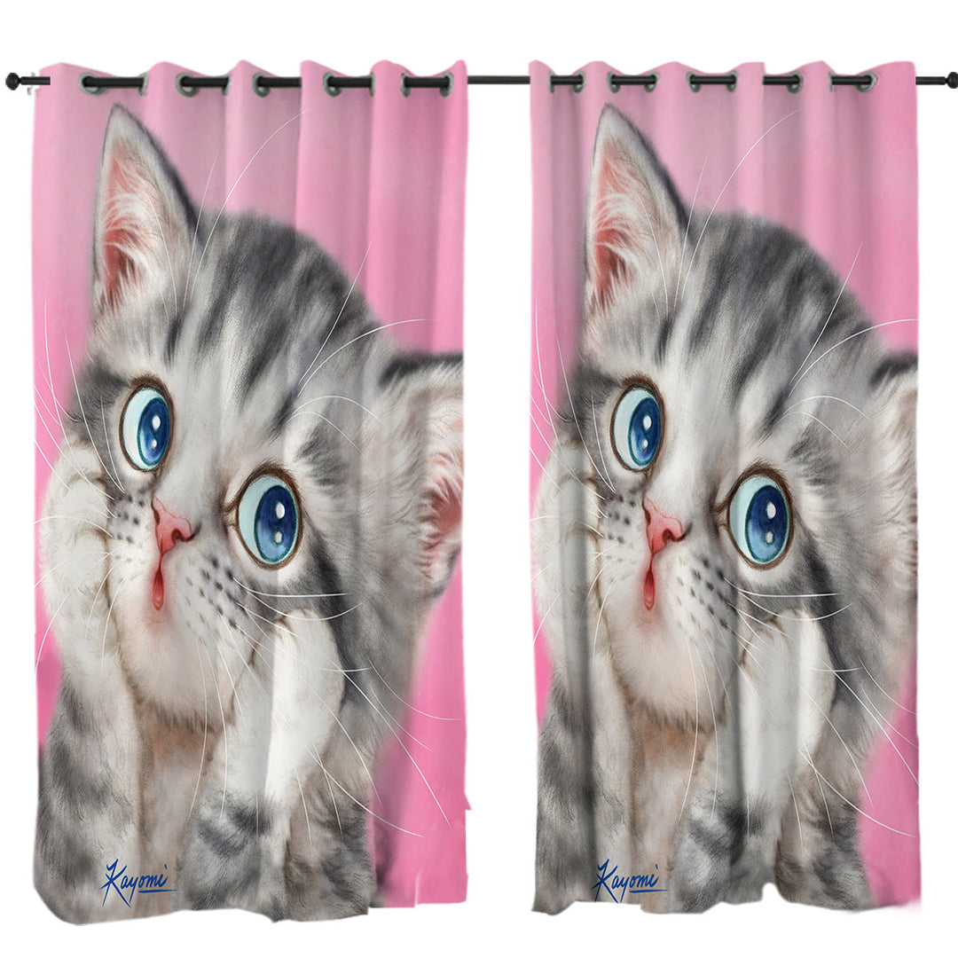 Drapes for Living Room with Designs for Kids Tabby Grey Kitty Cat over Pink