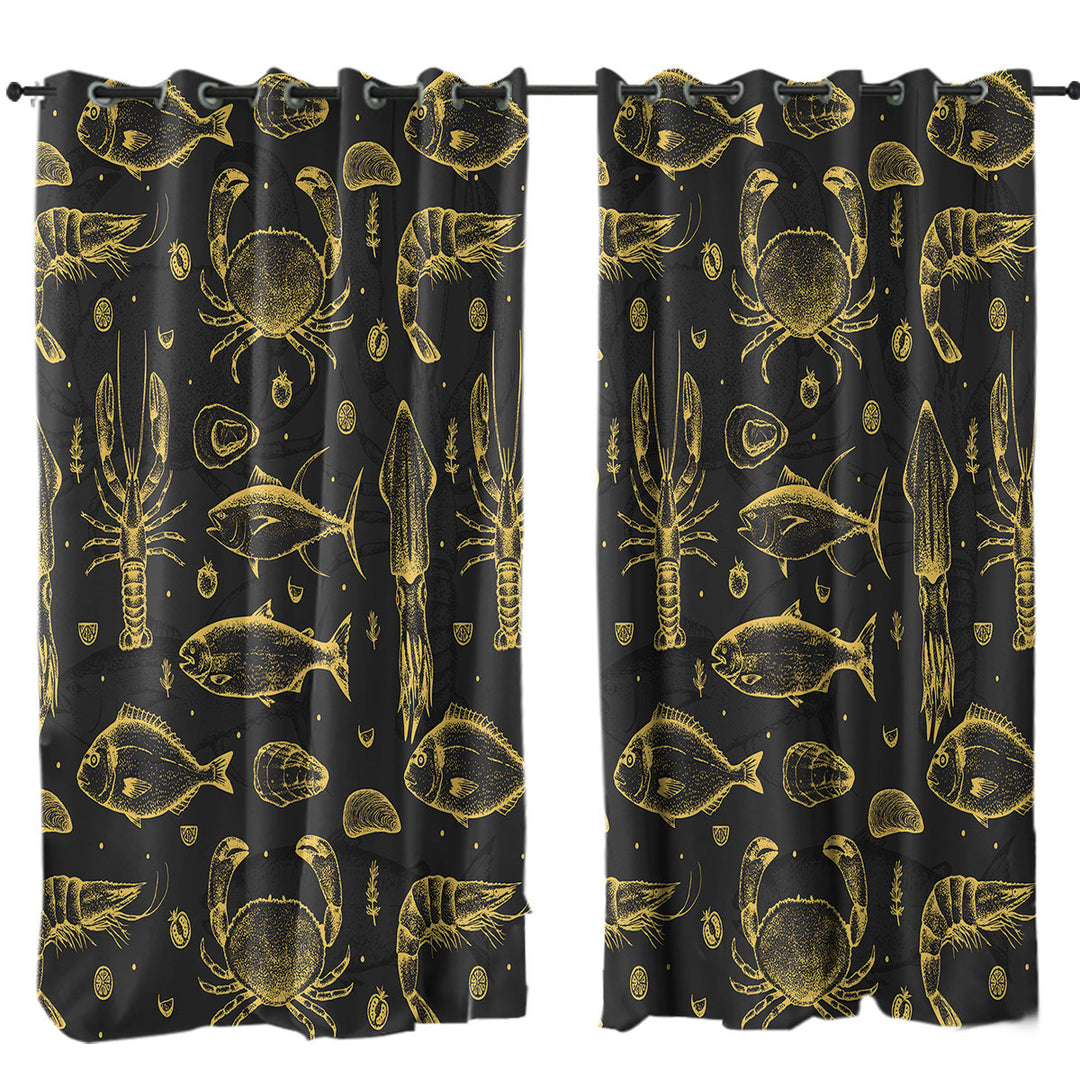 Drapes for Living Room with Golden Seafood Fish Crab and Squid