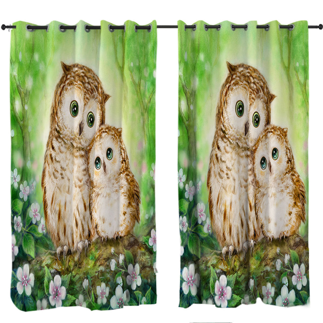 Drapes for Living Room with Green Forest and Flowers Owls Cuddle