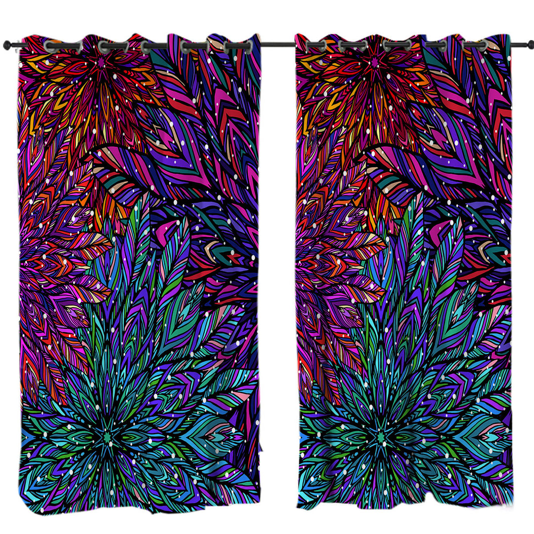 Drapes for Living Room with Green Purple Artistic Feathers Design