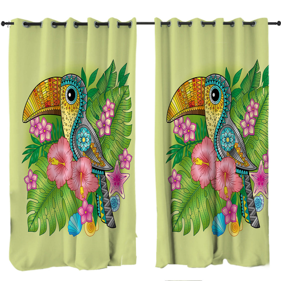 Drapes with Colorful Tropical Flowers and Toucan