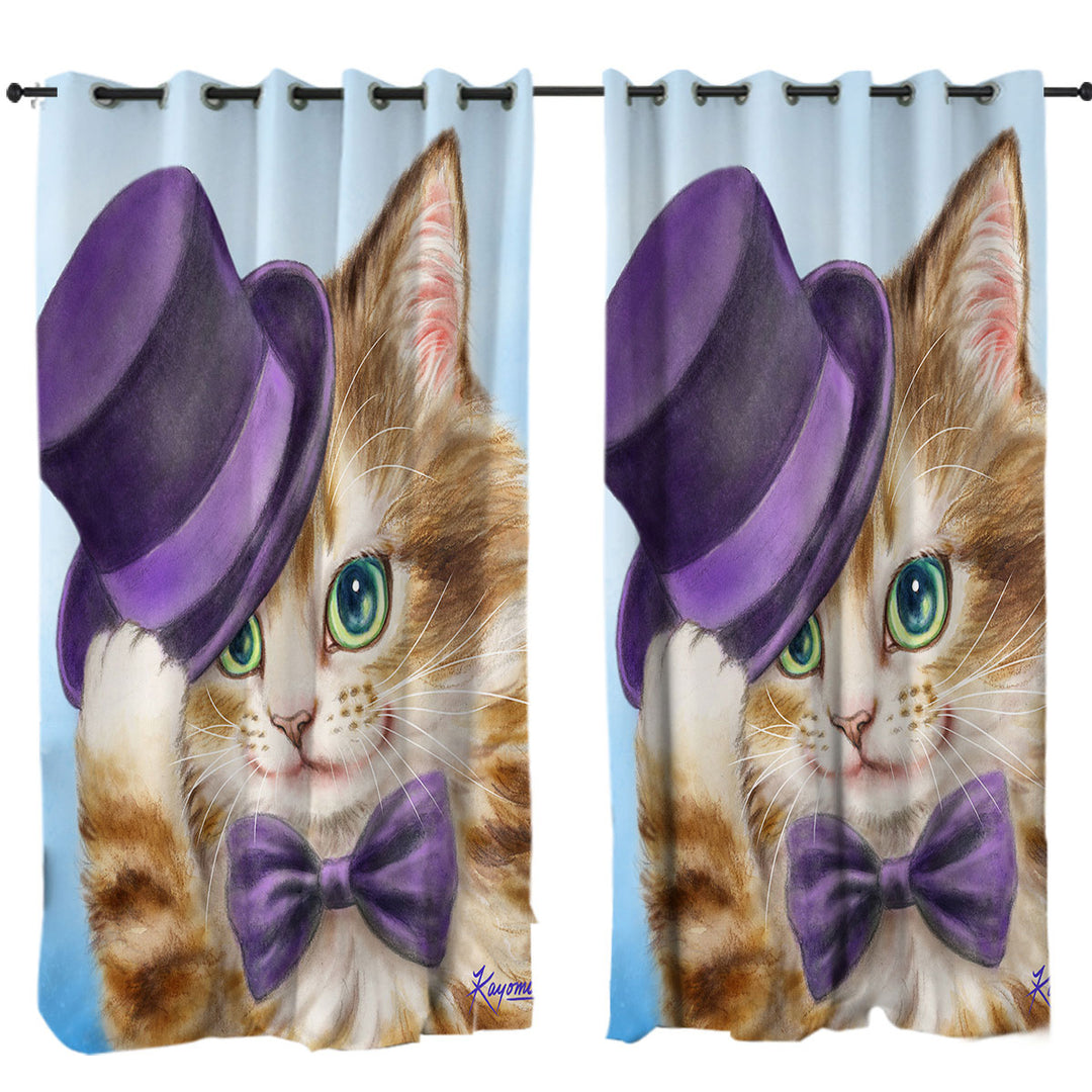 Drapes with Cool Cats Art the Purple Top Hat and Bow Tie Kitty