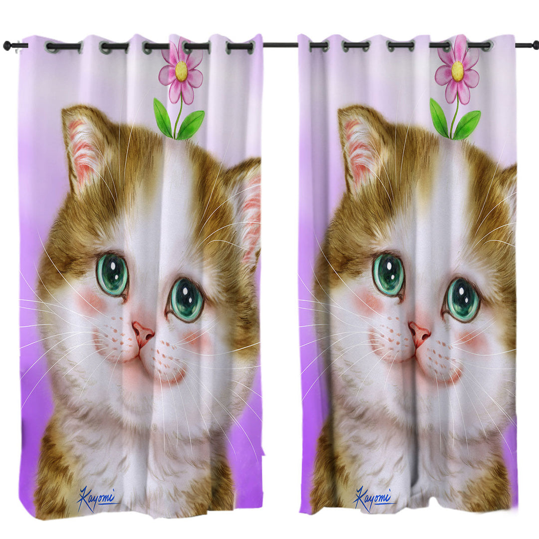 Drapes with Cute Cats Prints Blushing Sweet Flower Kitten