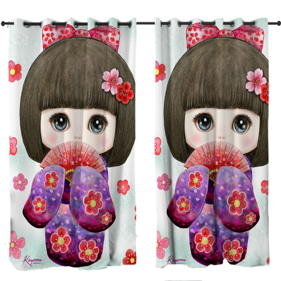 Drapes with Cute Japanese Girl Wearing Kimono and Folding Fan