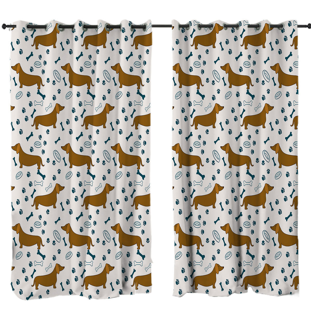 Drapes with Dog Food Bowl Paw Bone and Dachshund