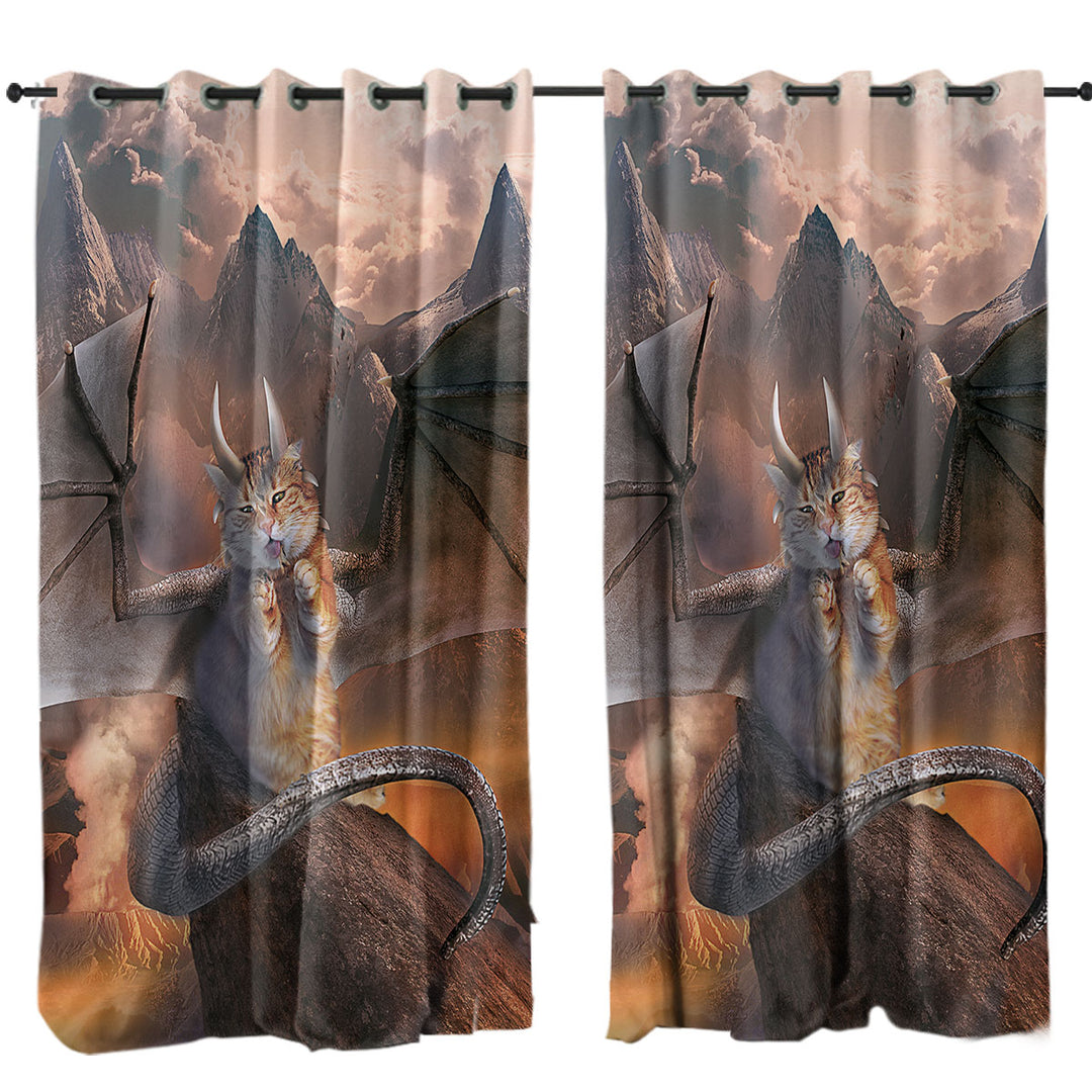 Drapes with Funny Fantasy Art Evil Dragon Kitty Cat