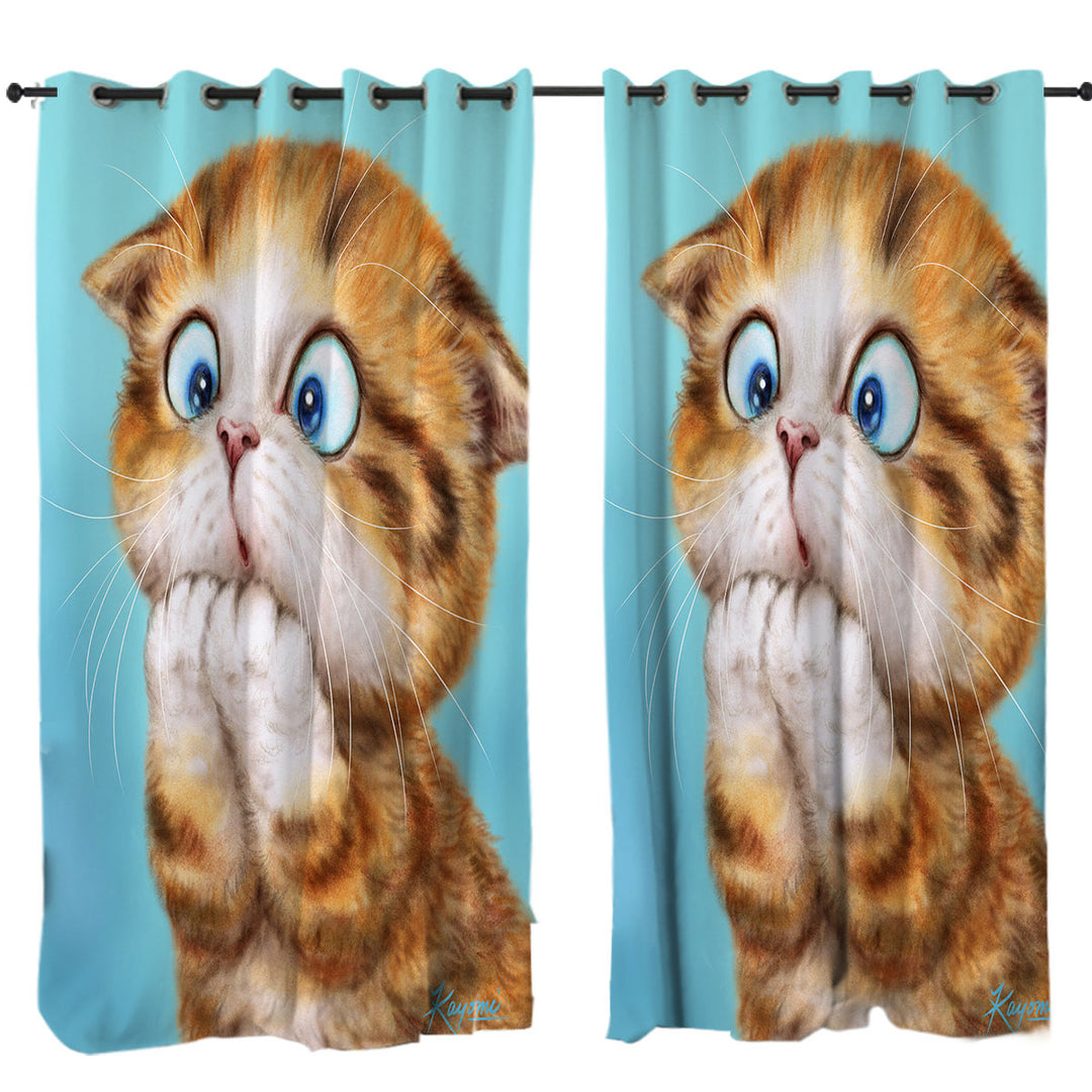Drapes with Funny Kittens Worried Ginger Kitty Cat over Blue