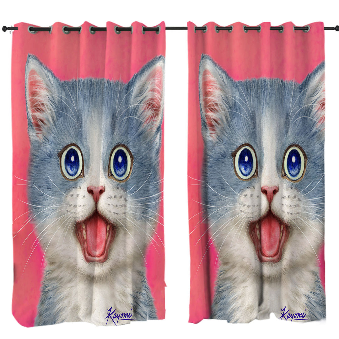 Drapes with Sweet Happy Grey Kitten Cat