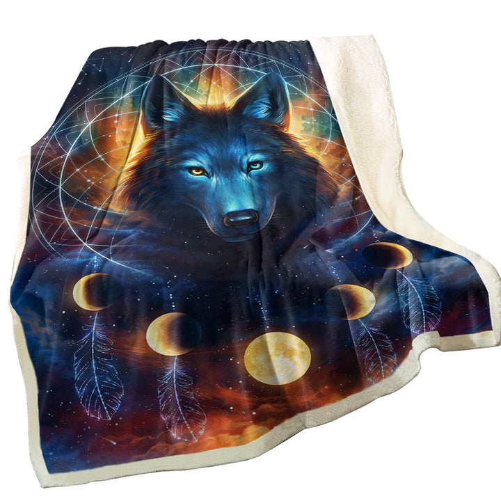 Dreamcatcher Space Moon Wolf Fleece Blankets